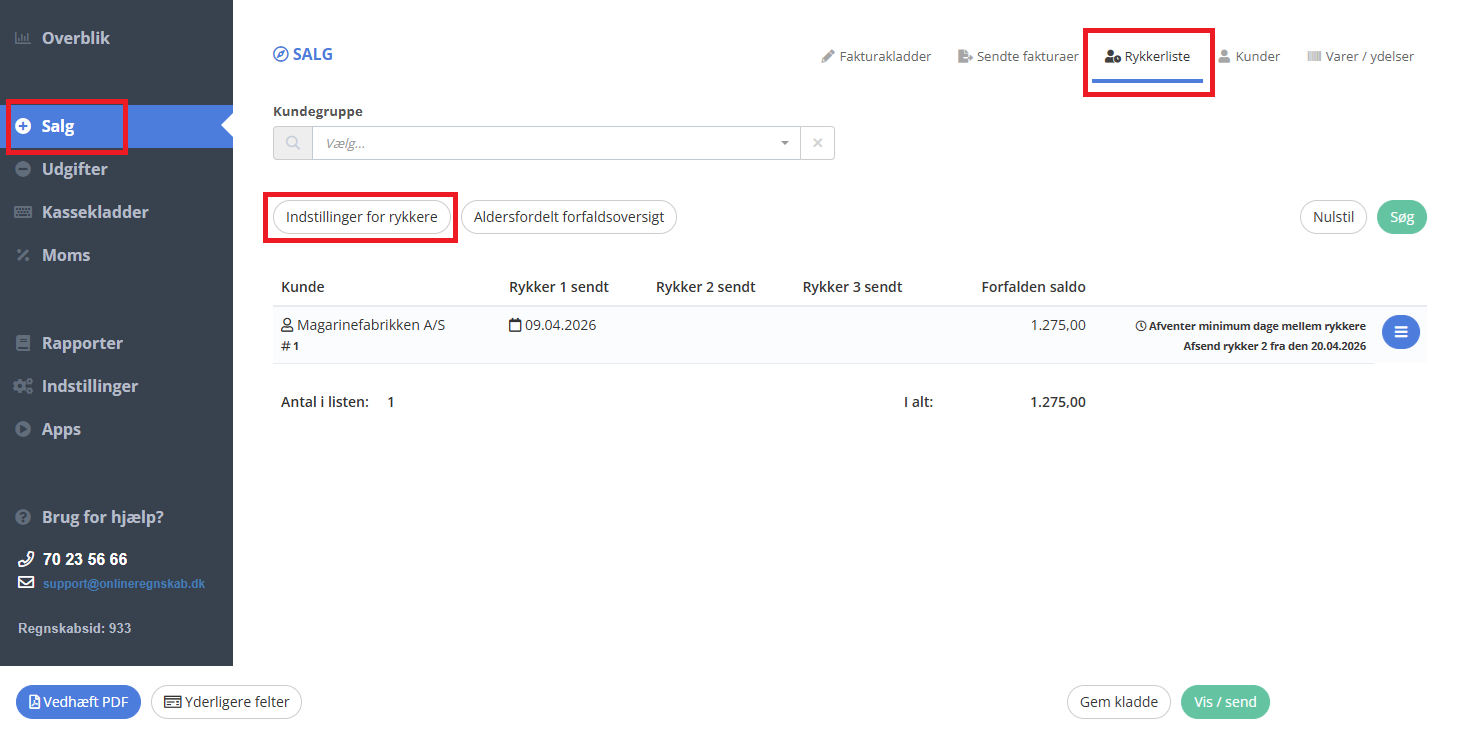 Beløbet for rykkergebyr kan indstilles ved at trykke knappen Indstillinger for rykkere under fanen Rykkerliste