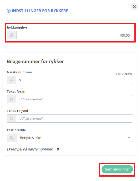 Indtast det ønskede beløb i feltet Rykkergebyr og tryk knappen Gem ændringer