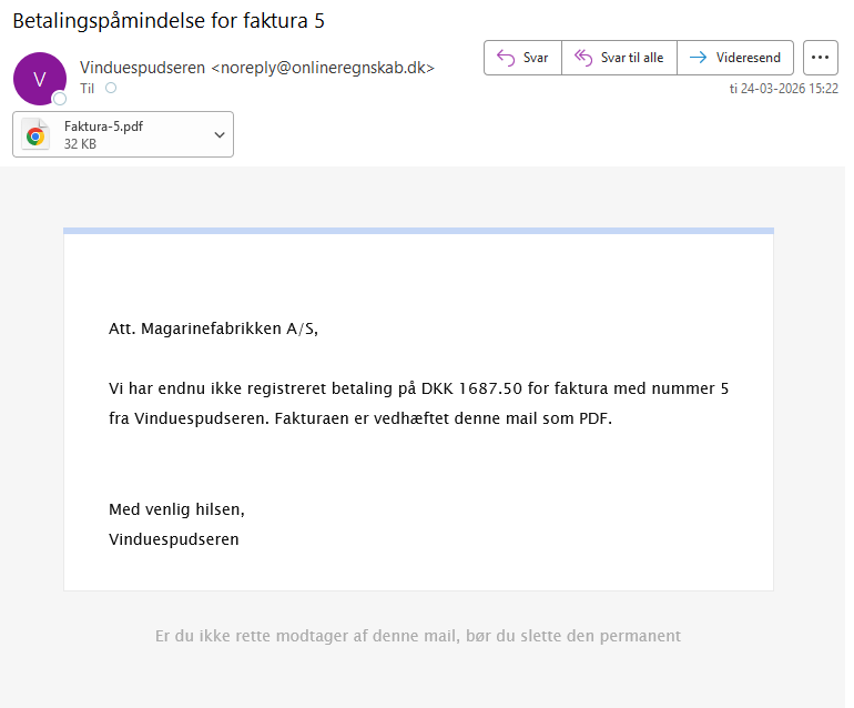 Eksempel på den mail kunden modtager
