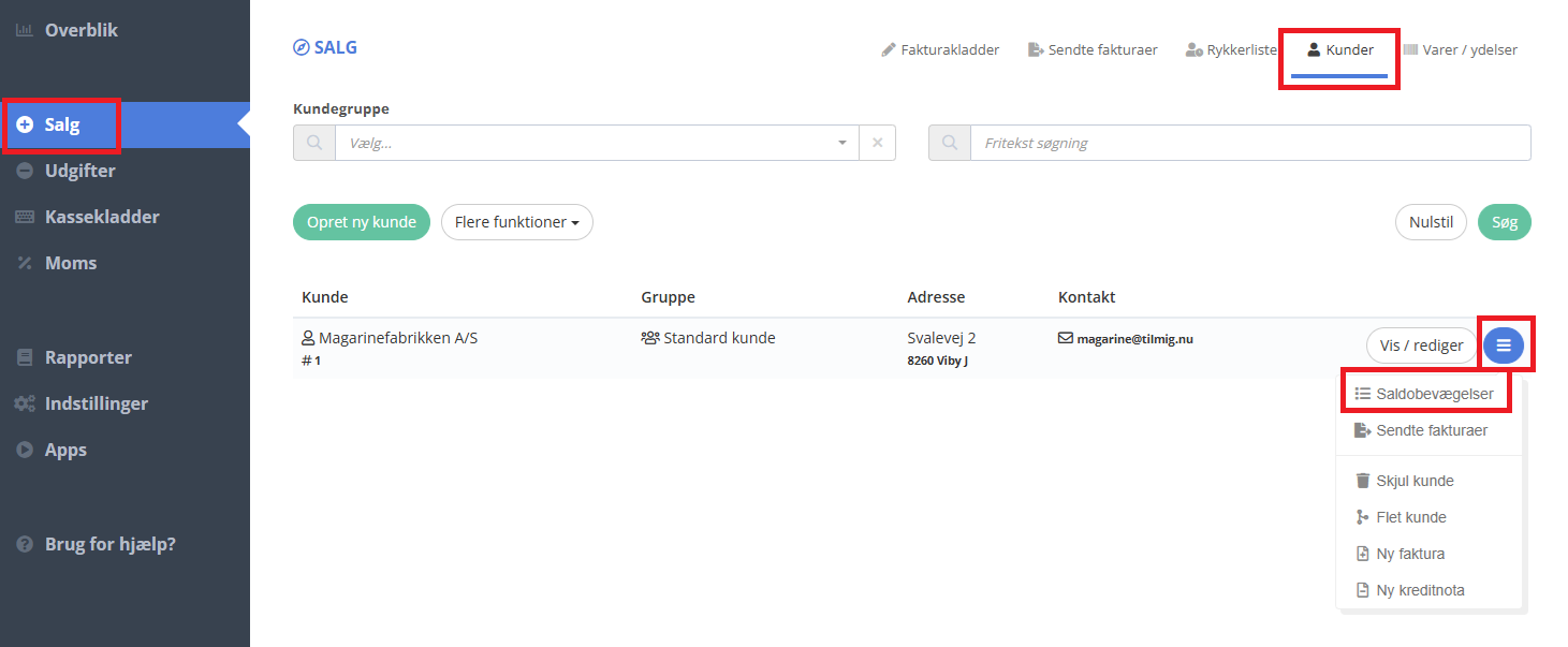 Find kunden i fanen Kunder og tryk Saldobevægelser i menuen
