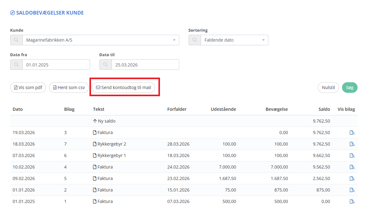 Tryk på knappen Send kontoudtog til mail