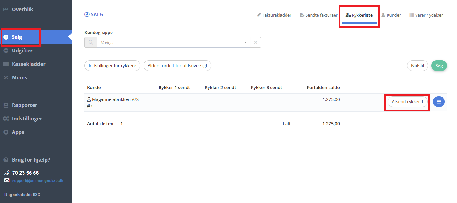 Send en rykker til kunden ved at finde kunden i listen under fanen Rykkerliste og trykke på knappen Afsend rykker 1