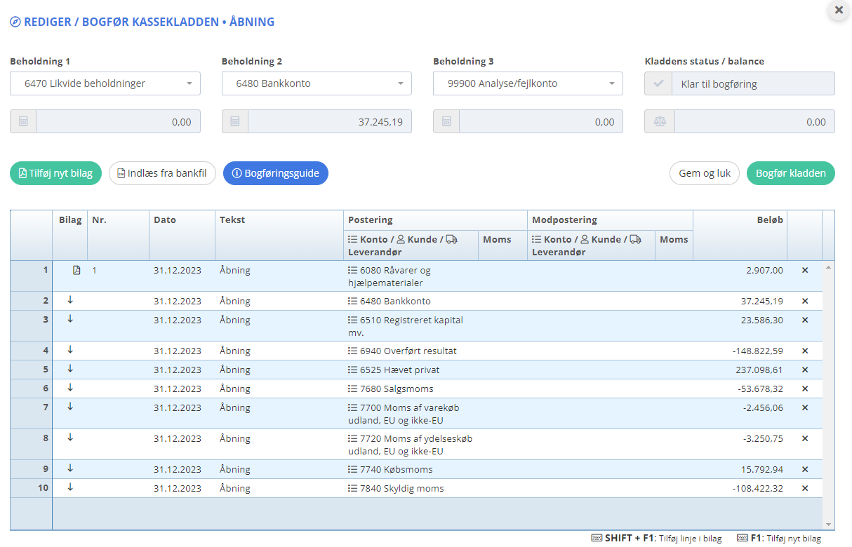 Kassekladde med åbningstal