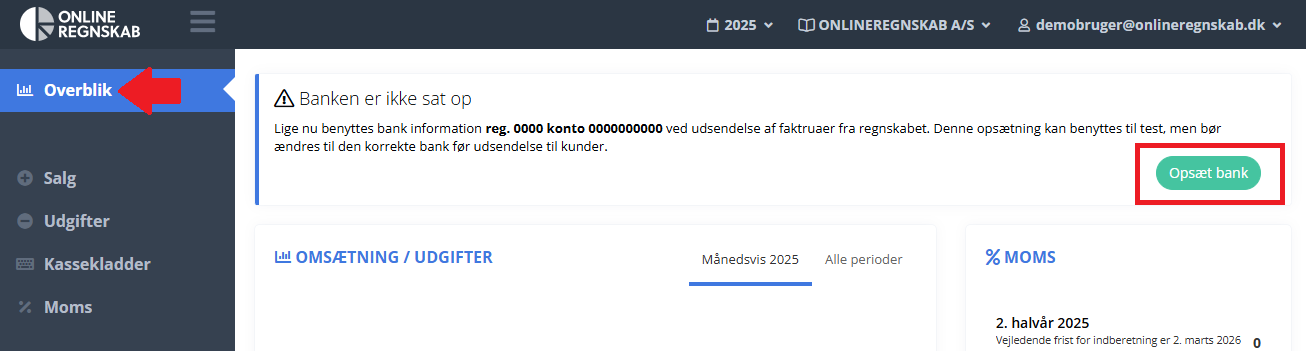 Tryk på knappen Opsæt bank i toppen på forsiden